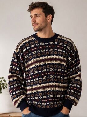 Preswick & Moore Men’s L Fair Isle Sweater Navy Cotton Vintage Style Knit